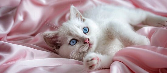 Poster - A white British kitten with blue eyes is lying on its back on a pink fabric creating a lovely copy space image