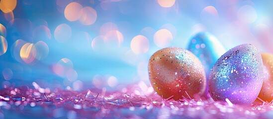 Leinwandbilder - Easter eggs are adorned with gleaming glitter creating a decorative and sparkling aspect in an image with space for text. Creative banner. Copyspace image