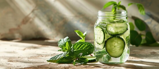 Poster - Glass jar with mint and cucumber infused water on a light backdrop is a delightful copy space image