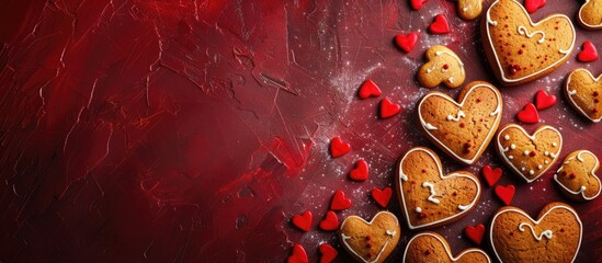 Poster - Valentine s Day concept with heart shaped gingerbread cookies on a dark red background enhancing the copy space image