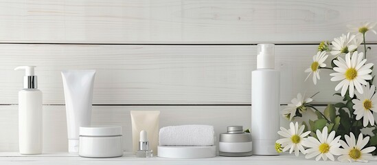 Poster - Skin care products displayed on a white wood surface with copy space image