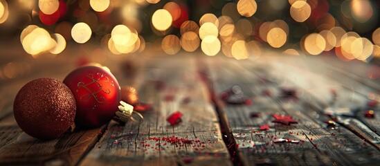 Poster - A wooden table adorned with Christmas ornaments set against a blurry bokeh background creating a festive copy space image
