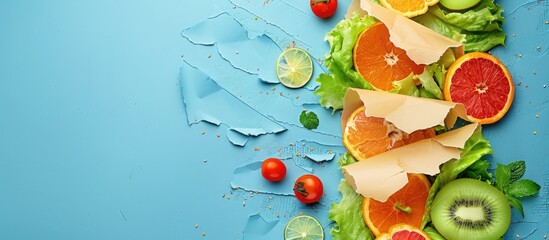 Aufkleber - A torn paper with a healthy diet message against a blue background forming a symbolic representation of a healthy diet with empty space for additional content