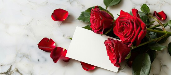 Poster - White background with a card and roses for copy space image