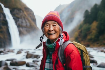 Sticker - Portrait of a grinning asian woman in her 80s sporting a trendy beanie isolated in backdrop of a spectacular waterfall