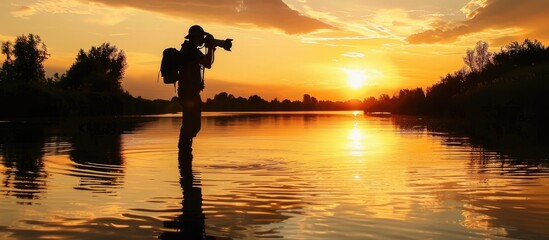 Sticker - Photographer capturing photos in river at sunset shown in silhouette with serene copy space image