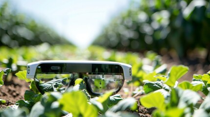 Fototapete - A pair of smart glasses sits on the ground, partially obscured by green leaves. The glasses have a transparent display showing a grid pattern.