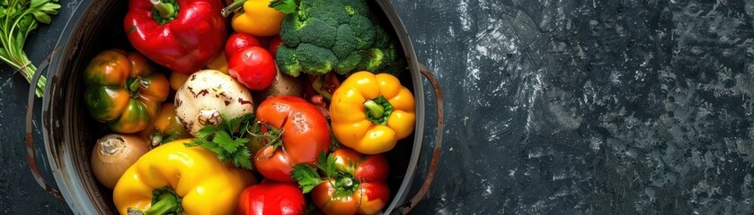 Canvas Print - A container of vegetables is shown with a green background. The vegetables include carrots, broccoli, and tomatoes. The container is yellow and he is overflowing with fresh produce