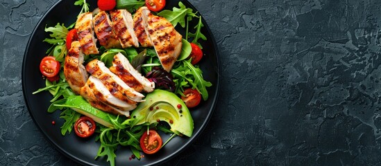 Sticker - Grilled chicken salad with fresh tomatoes avocado perfect for keto paleo diet menu highlighted in a trendy copy space image