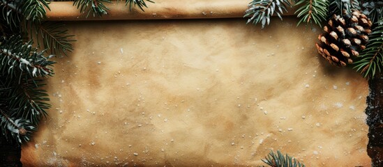 Poster - Vintage parchment paper with room for text set against a backdrop of a Christmas tree branch isolated. Creative banner. Copyspace image
