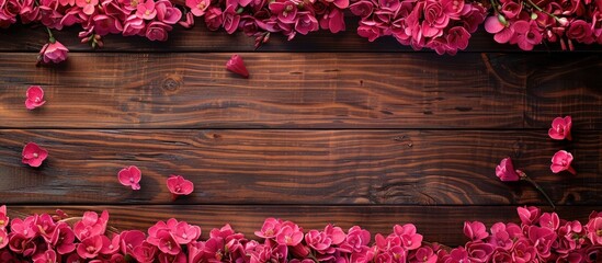 Aufkleber - Wooden background with a border of vibrant pink flowers creating a beautiful frame around a copy space image