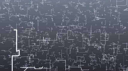 Wall Mural - 3D animation of white abstract lines motion creating random pattern on ramp grey background. Suitable as a background for opening titles or presentations.