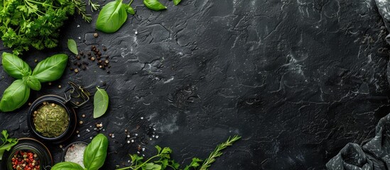 Poster - Top view of herbs and condiments displayed on a black stone surface with copy space image available