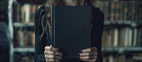Poster - A woman is holding a black book cover suitable for a mock up image. Creative banner. Copyspace image