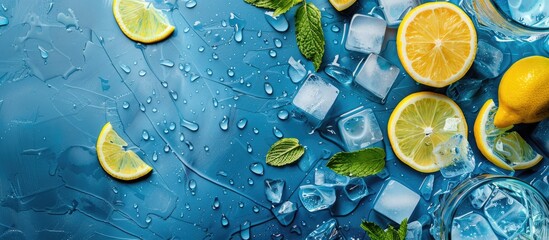 Sticker - Background showcasing a refreshing summer theme featuring blue detox water fresh slices of lemon and ice cubes with copy space image