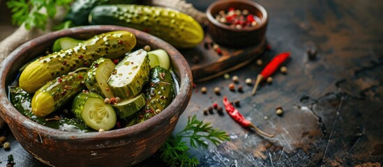 Poster - Traditional homemade fermented marinated pickled cucumbers with spices and herbs served in a clay bowl on an old wooden table with copy space image