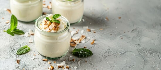 Canvas Print - Glass jar filled with vegan coconut panna cotta dessert garnished with mint leaves and coconut chips on a light concrete stone background with ample copy space image