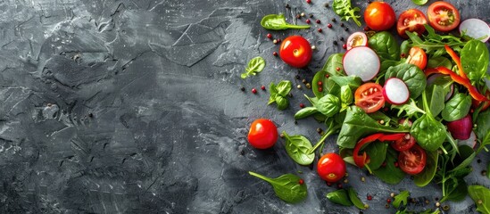 Aufkleber - Fresh vegetable salad beautifully presented on a textured gray stone backdrop with ample copy space showcasing a vibrant array of colorful ingredients such as tomatoes spinach peppers chili and radis
