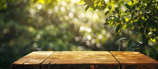 Sticker - Wooden table in garden with cutting board on top set against a sunny green bokeh background ideal for adding images in the blank space provided. Creative banner. Copyspace image