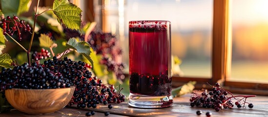 Aufkleber - Table near window with elderberry drink and jam featuring Sambucus berries displayed for a copy space image