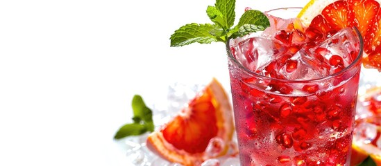 Aufkleber - Red drink with ice grapefruit and mint on a white background suitable for including text or design in the empty area. Creative banner. Copyspace image