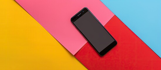 Poster - Minimalistic mobile phone floating with blank screen on a colorful background perfect for a technology themed ad banner featuring primary colors and ample copy space image