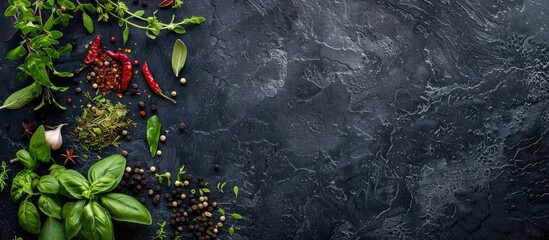 Poster - Herbs and seasonings displayed on a black stone background in a top down view with room for a copy space image