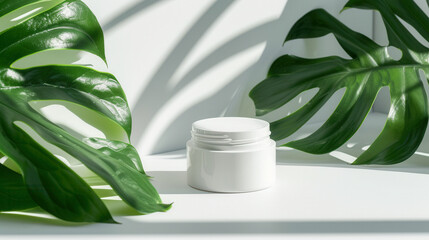 Wall Mural - White jar of cream on a stand on a white background with tropical palm leaves and their shadow. Stylish look of the product, mock up, identity.