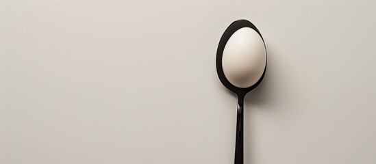 Poster - A white whole egg with a black spoon on a white background featuring a shallow depth of field and ample copy space image
