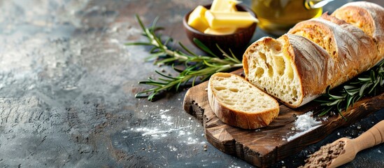 Poster - Rustic wooden board featuring fresh bread slices butter and rosemary on a soft background with copy space image