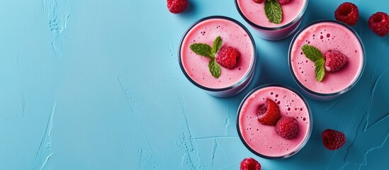 Poster - Pink smoothies displayed on a blue background with additional room for text or images known as copy space image