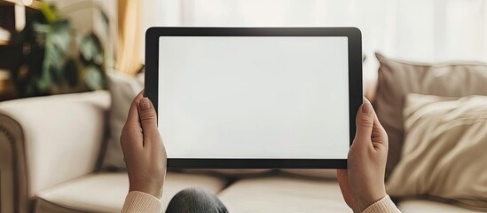 Poster - A female teenager s hands are operating a tablet PC displaying a blank white screen It s a mockup image of a woman holding the device at home. Creative banner. Copyspace image