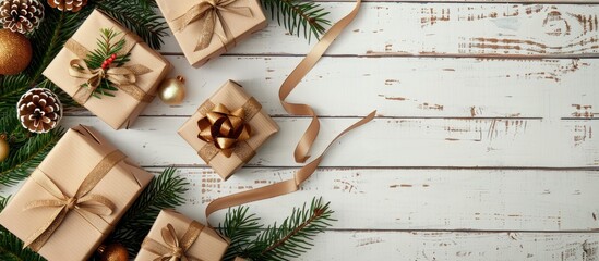 Poster - Handcrafted gift boxes with ribbons lie beside a fir tree on a white wooden table background creating a festive scene with copy space image