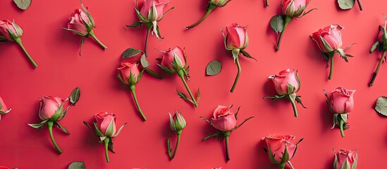 Aufkleber - A flat lay featuring lovely pink rosebuds on a red backdrop ideal for weddings birthdays celebrations with room for text or images. Creative banner. Copyspace image