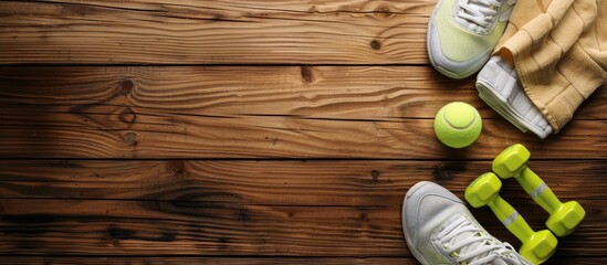 Poster - Sport shoes a tennis ball weights water and a towel displayed on a wooden background creating a fitness and tennis themed copy space image