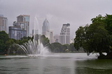 Lumphini Park on a rainy day in Bangkok, Thailand