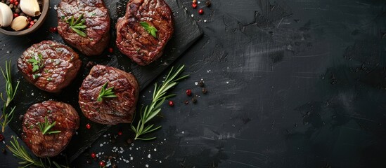 Poster - Top view of seasoned filet mignon steaks on black concrete with herbs garlic salt pepper and copy space image available