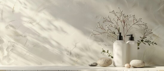 Poster - Mock up of a unbranded white lotion or shampoo bottle with natural plant and stone decor for skincare routine displayed in a banner with ample copy space image
