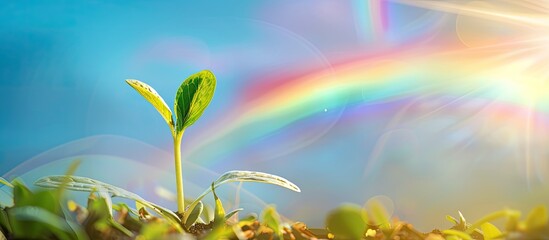 Aufkleber - a green sprout is displayed against a scenic backdrop of a clear blue sky and a vibrant rainbow maki