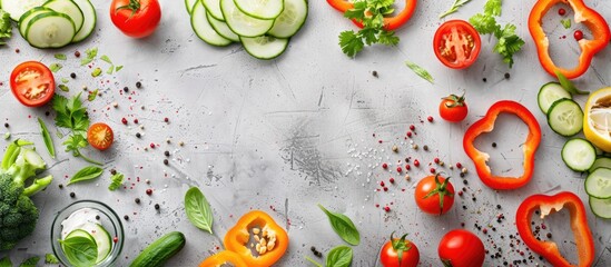 Poster - Various fresh veggies arranged on a bright tabletop in a flat lay style leaving room for text in the copy space image