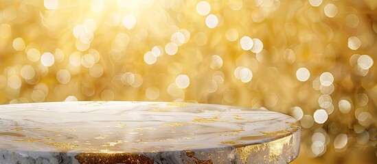 Aufkleber - Luxurious backdrop for displaying products with a festive ambiance featuring a gold and white marble tabletop against a yellow bokeh background perfect for showcasing items with an empty copy space im