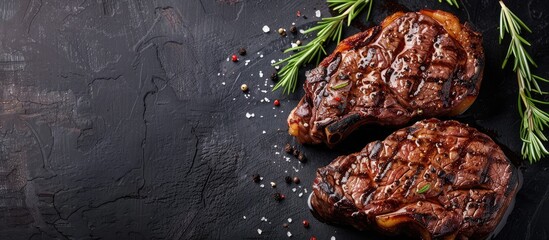 Poster - Flavorful ribeye steaks seasoned with aromatic spices ready for the grill accompanied by a stylish copy space image