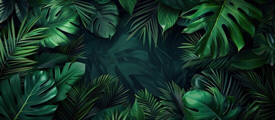 Wall Mural - Exotic summer vibes with dark green tropical leaves frame creating a jungle background perfect for text placement in a copy space image