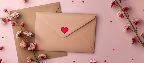 Poster - Valentine s Day card mockup with envelope red heart and flowers on a paper background for copy space image