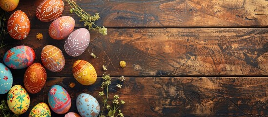 Aufkleber - Top view of Easter eggs displayed on a wooden table enhancing the scene with copy space image