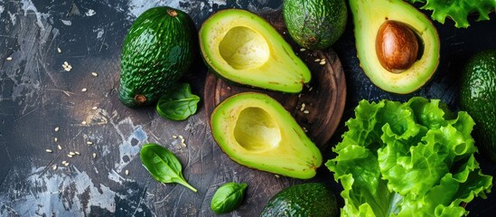 Poster - Top down view of a salad concept featuring nutritious ingredients like avocado and lettuce on a food background with ample copy space for text integration