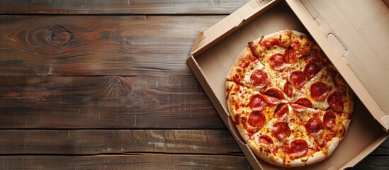 Aufkleber - A pizza box with a pizza inside on a table with copy space image