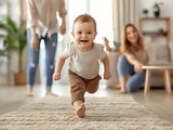 Joyful First Steps of a Child Surrounded by Supportive Family