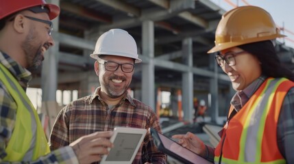 Poster - Construction, teamwork, and pals giggling on a tablet during an architecture project. Building or portrait of an engineer, designer, and technician laughing.