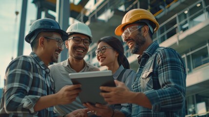 Poster - Construction, teamwork, and pals giggling on a tablet during an architecture project. Building or portrait of an engineer, designer, and technician laughing.